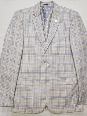 Stacy Adams Tan Blue Plaid Sport Coat Suit 38L Two Button Notch Lapel Blazer
